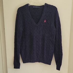 Ralph Lauren Navy Cable Knit V-Neck Sweater with Pink Pony